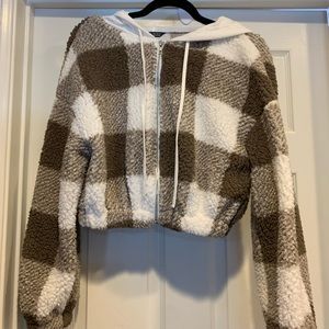 Cropped Brown &White Teddy Zip Up